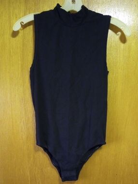 Basic Editions Black Polyester, Cotton & Spandex Mock Neck Sleeveless Bodysuit